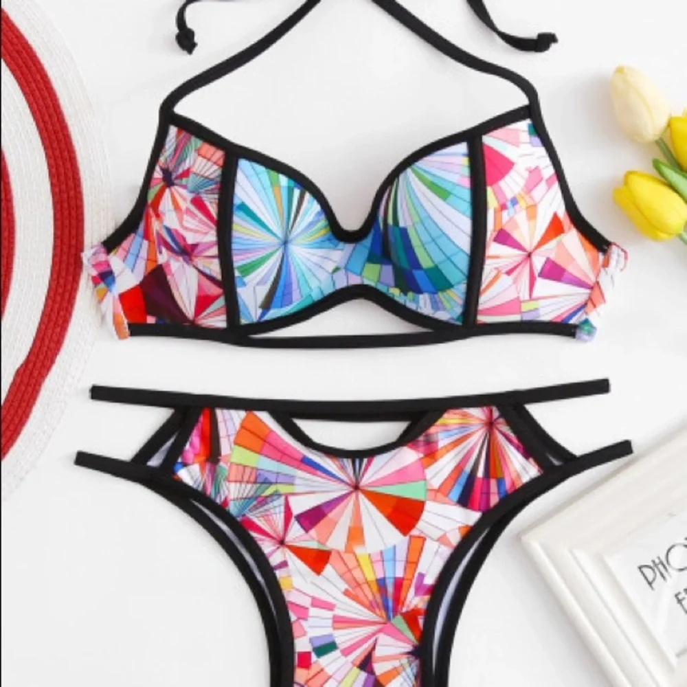 Bikini Geometric Multicolor Side Print Side Cut Out Size M NWT‎